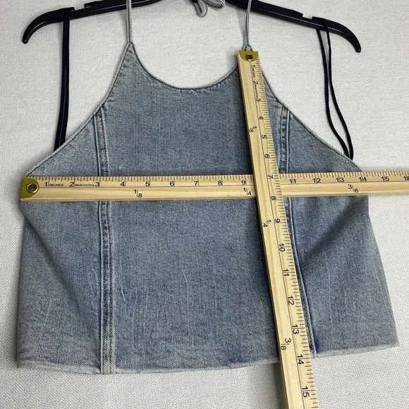Alice + Olivia Jeans Jaymee Tie Neck Cropped Denim Halter Top Women's Sz 6 - Picture 8 of 12